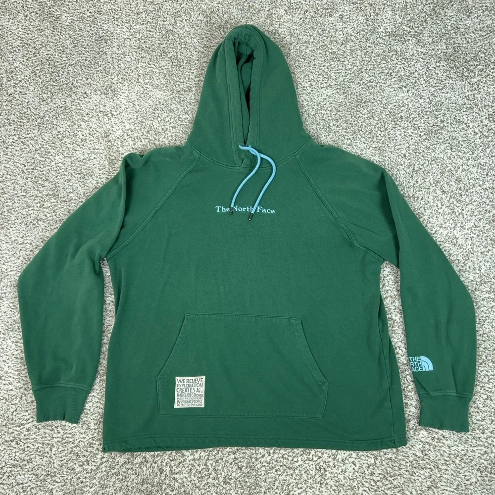 The North Face Hoodie Mens Large Green Pullover Fleece Graphic Outdoor Hiking